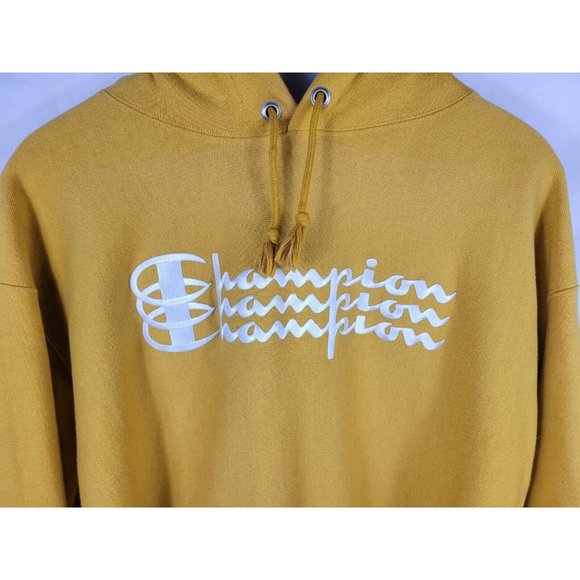 Champion Reverse Weave Embroidered Pullover Hoodie Sweater Mens Size XL Yellow - Picture 2 of 4
